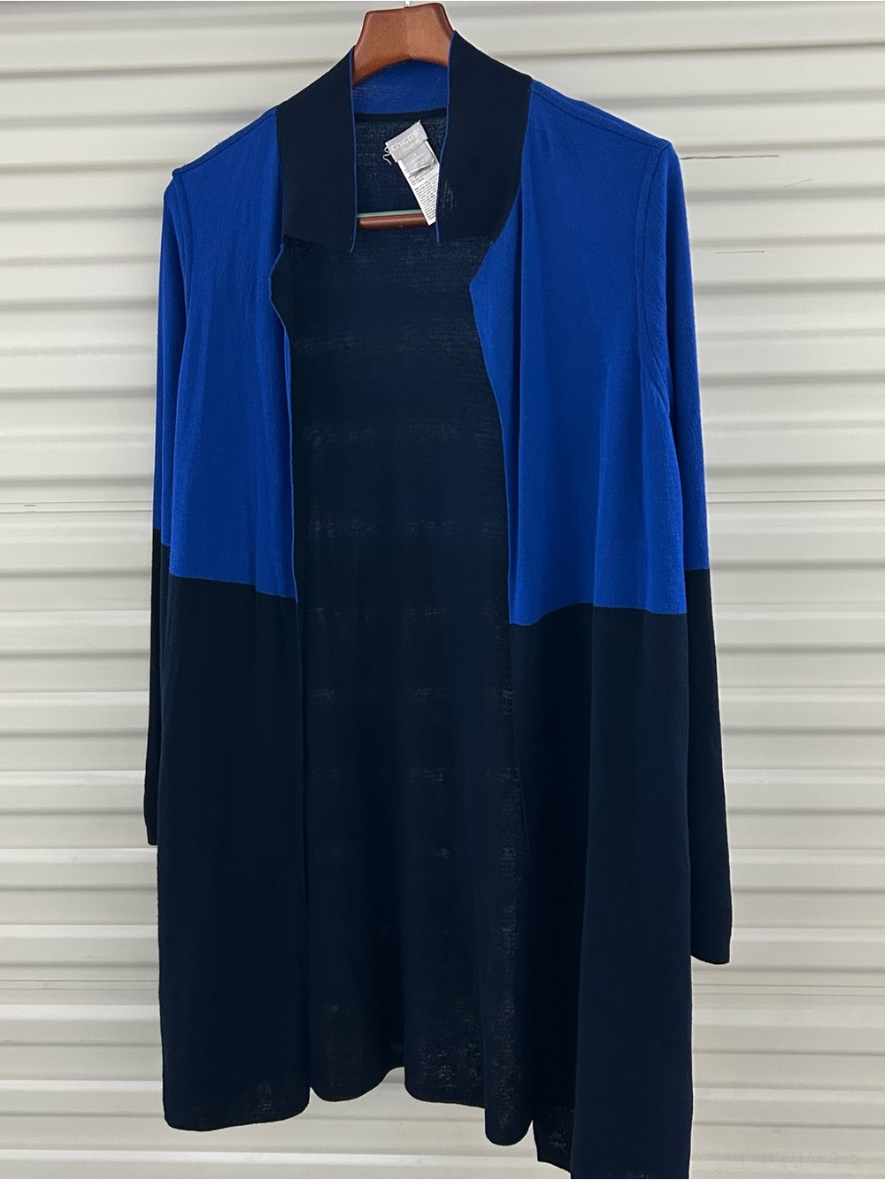Chico's Blue and Black Open-Front Colorblock Cardigan